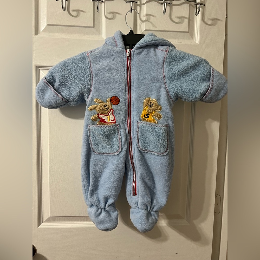 Le Petitt Rothschild Cozy Blue Infant Snowsuit with Bear Embroidery - 6 -9 mo.
